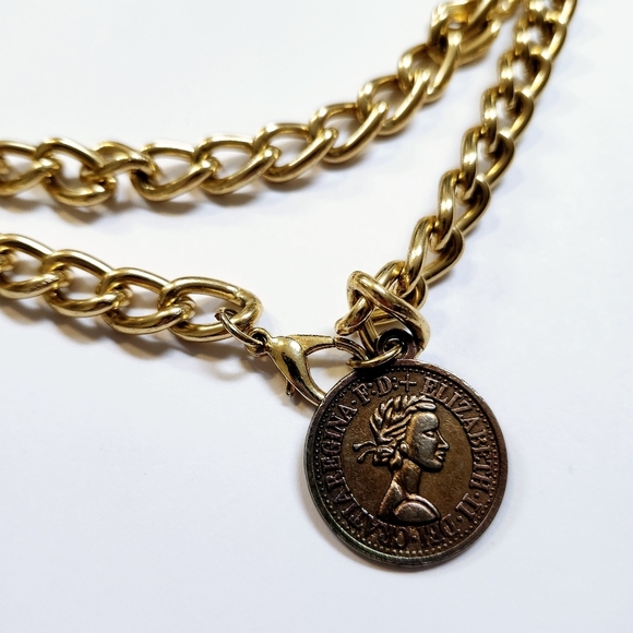 Vintage Elizabeth II Dei Gratia Regina Dangle Coin Gold Tone Chain Link Belt 34" - Picture 4 of 4